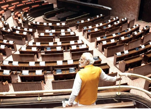 Narendra modi inspecting new Parliament Building