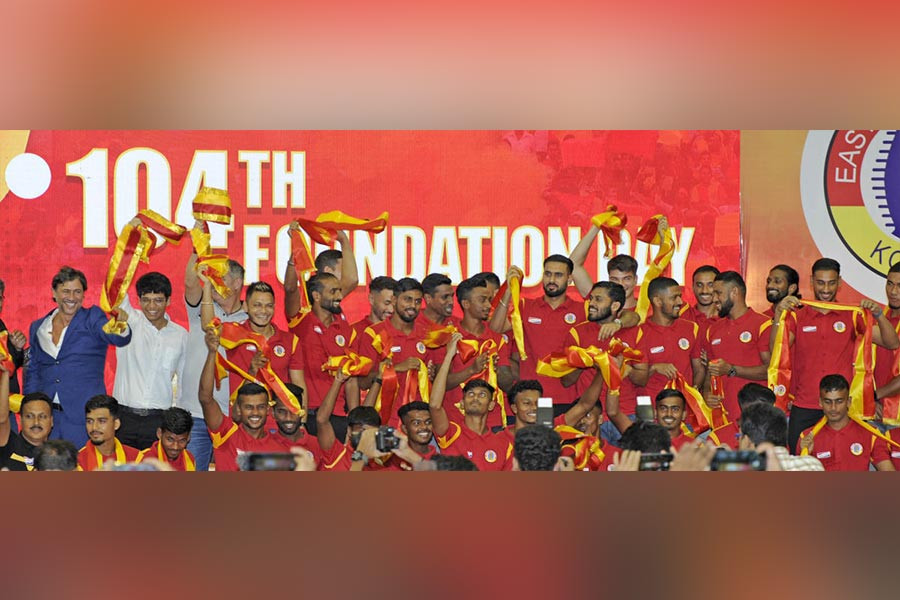 Coach Quadrat and footballers at East Bengal's 104th Foundation Day