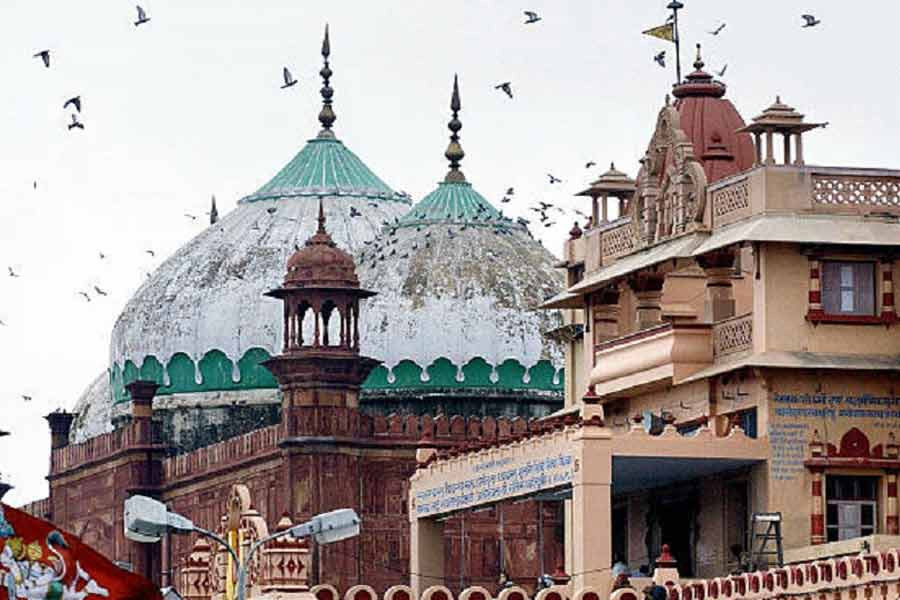 From left, Mathura's Shahi Idgah Mosque and Sri Krishna Temple