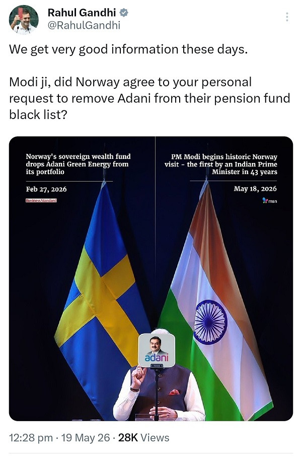 Rahul Gandhi targets PM on Adani issue, questions Norway pension fund