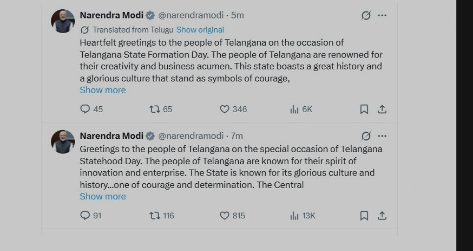 PM Modi extends greetings on Telangana Formation Day