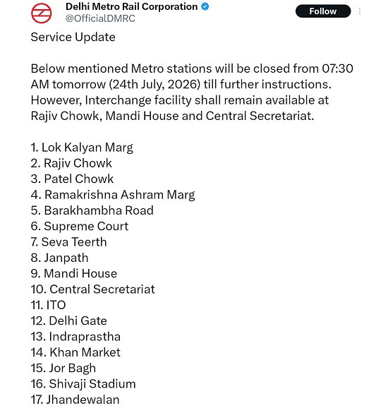 17 Delhi Metro stations closed since Friday morning.