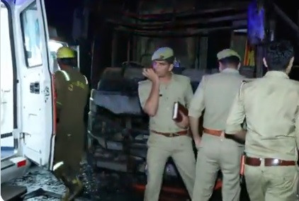 At least 9 passengers burnt to death after a moving bus caught fire in Greater Noida.